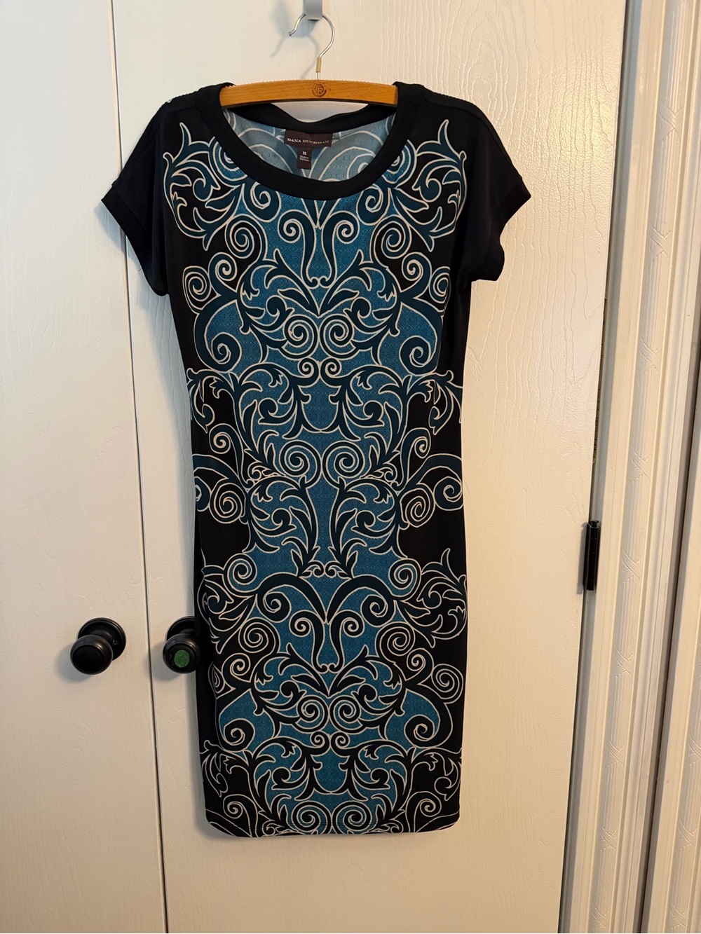 Dana Buchman Black Sheath Dress with Blue Scrollwork